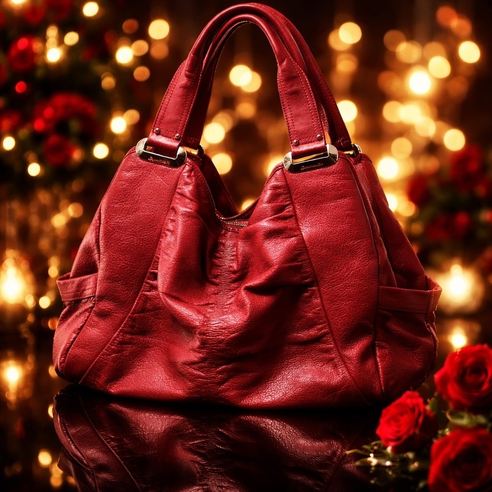 B Makowsky Red Pebbled Leather Hobo Shoulder Bag Large - Picture 12 of 13